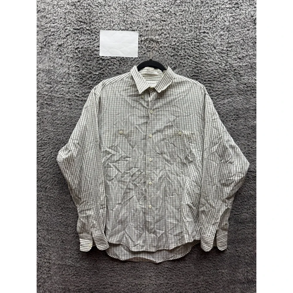 Yves Saint Laurent YSL Check Long-Sleeve Button-Up Shirt Off-White Mens Size L